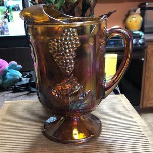 Indiana Carnival Glass Iridescent Gold Footed Pitcher Harvest Grape 64 oz